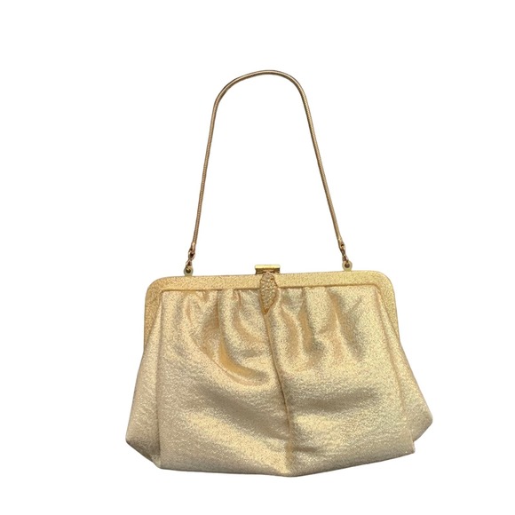 Vintage Gold Lame Evening Handbag Gold Chain Rhinestone Clasp - Picture 1 of 7